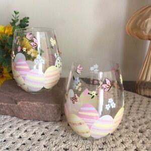 Hand Painted EASTER Eggs Spring Flowers Stemless Wine Glasses